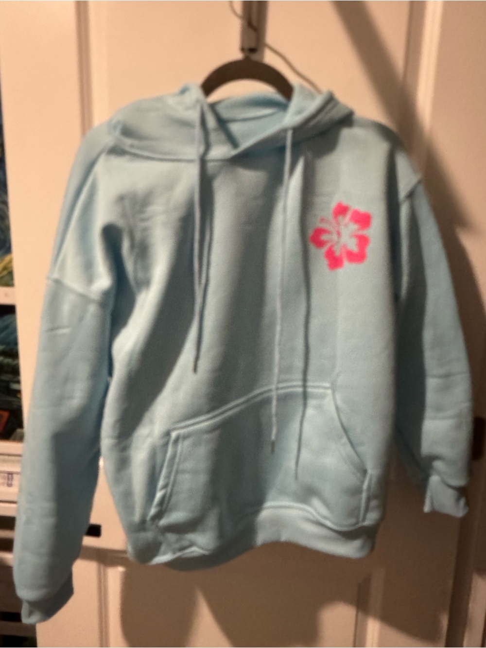 Light Blue Women’s Hoodie Sweater with Pink Floral Accent